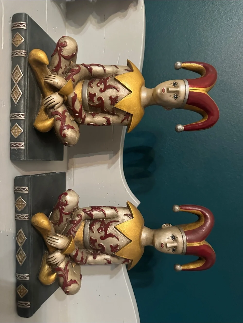 Whimsical Jester Bookend Pair in Red, Gold, and Cream